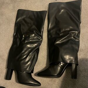 BLACK WIDE FIT POINTED FOLD OVER BLOCK HEEL KNEE BOOTS